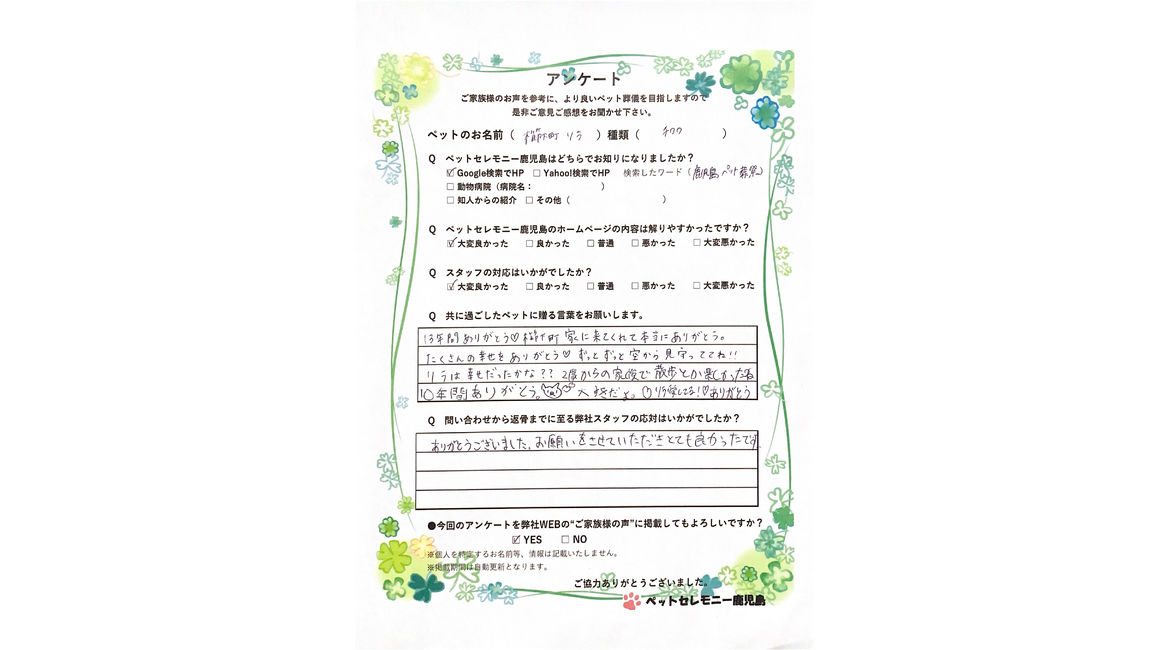 鹿児島県南さつま市加世田川畑 ｋ様 リラちゃん 犬 チワワ 女の子 享年14才 立合い火葬 ご家族様の声 鹿児島のペット火葬は弊社へお任せください